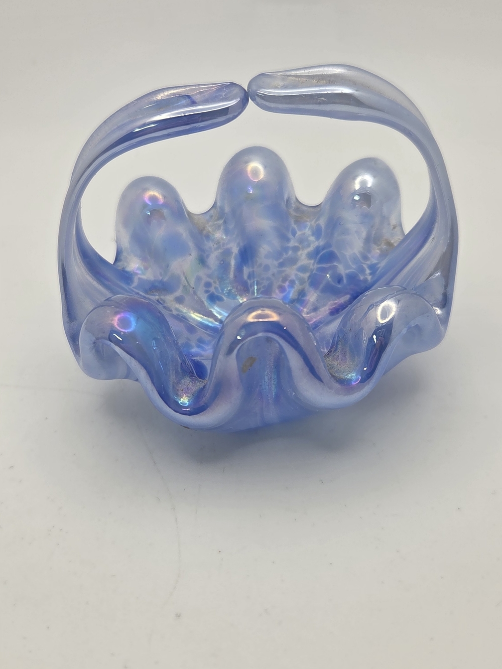 Rossi Hand Blown Iridescent Blue Canadian Art Glass Flower Shaped Handled Basket